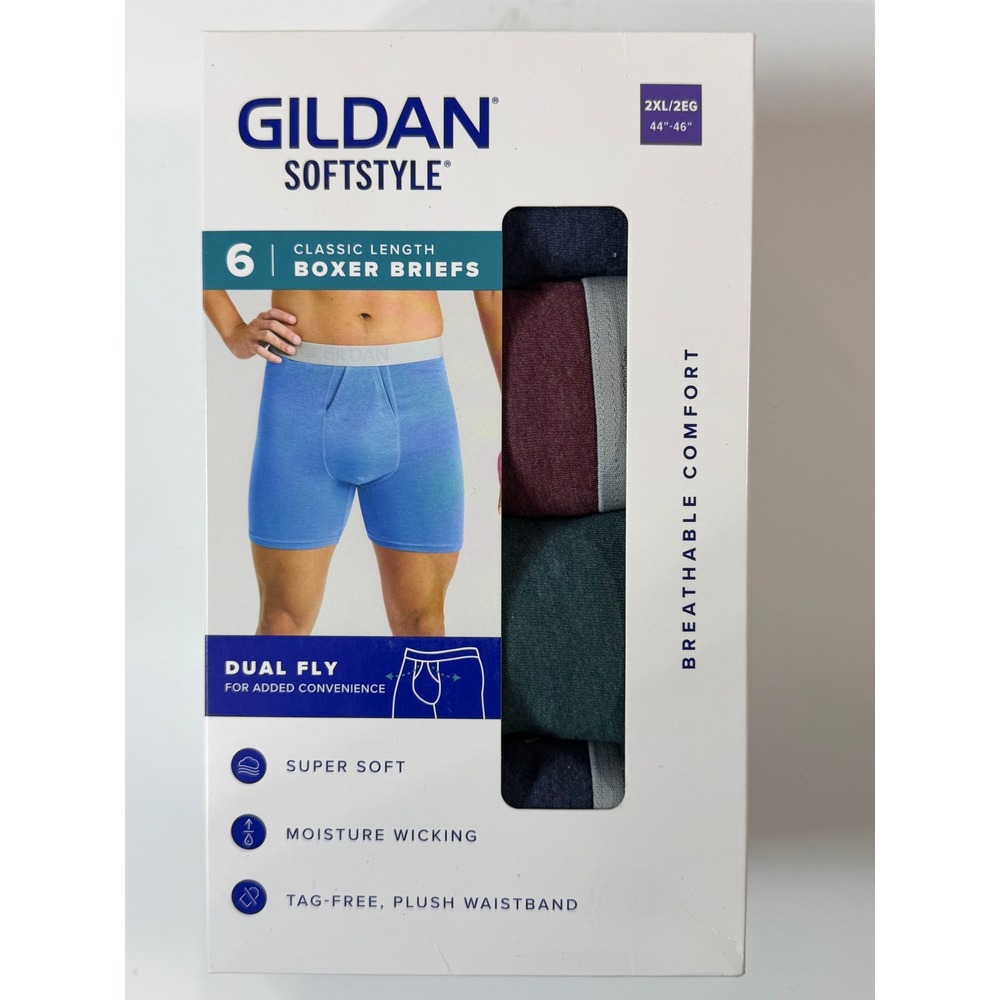 Gildan Boxer Briefs Men 2XL Multicolor 6-Pack Softstyle Classic Length Dual Fly